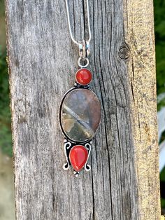 "Gorgeous, one-of-a-kind, big and long, multi gemstone pendant necklace: natural raw/rough Jasper, and red coral, set in 925 sterling silver plated over copper. 16\" inches long 925 solid sterling silver snake chain. Pendant size: 3\" x 1\" inches, approximately." Bloodstone Necklace, Chrysoprase Ring, Red Coral Necklace, Coral Necklace, Silver Snake Chain, Gemstone Necklace Pendant, Red Coral, Multi Stone, Snake Chain