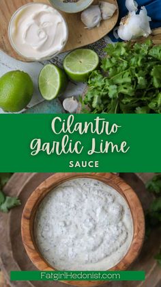 cilantro garlic lime sauce in a wooden bowl