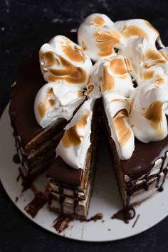 a chocolate cake topped with marshmallows and whipped cream on a white plate