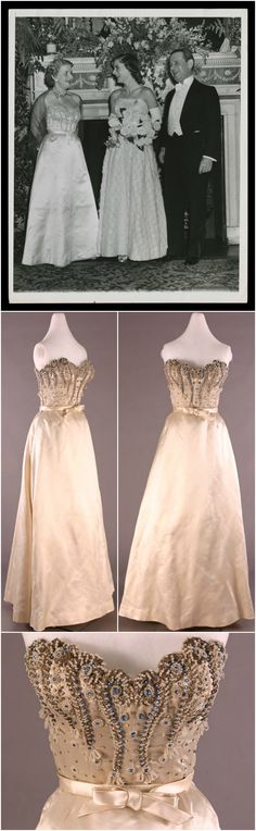 Ball Gown, by Balenciaga, 1951, from the Collections of The Henry Ford. White silk satin gown, strapless, with heavily beaded bodice, belt, skirt, and petticoat. Scalloped neckline encrusted with pearls, blue rhinestones, silver tinsel. Bodice lined with cream silk georgette. Satin tie attached to skirt at waist. Elizabeth Parke Firestone (left, in top photograph) wore this dress to a dinner given in honor of her daughter Anne at the Waldorf-Astoria Hotel in New York City on December 27, 195... Wedding Exhibition, Cristobal Balenciaga, Vintage Evening Gowns, Hotel In New York City, Astoria Hotel, Balenciaga Style, Belt Skirt, Simply Fashion, Silver Tinsel