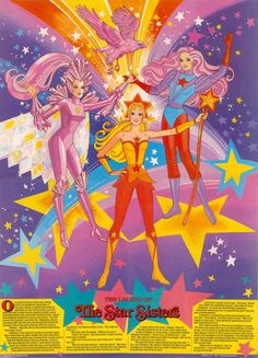 an advertisement for the star sisters, with three girls dressed in pink and yellow outfits