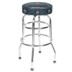 the backless stool has a blue and black seat with an electronic pattern on it