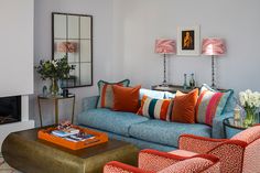 Orange is another Kelling classic - We used the stunning Schumacher fabric on the chairs, to create a beautiful and bold drawing room. Schumacher Fabric, Bright Side, Drawing Room, Fabric