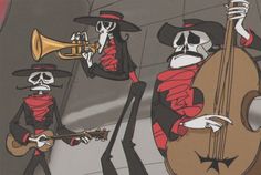 three skeletons playing musical instruments in front of a wall