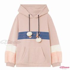 Qteee - Colorblock Rabbit Print Hoodie Pink Patchwork Hoodie For Fall, Casual Fleece Sweatshirt With Contrast Color, Casual Hooded Tops With Contrast Color, Pink Hooded Hoodie With Patchwork, Casual Pink Hoodie With Patchwork, Casual Pink Patchwork Hoodie, Hooded Color Block Tops For Winter, Winter Color Block Hooded Top, Winter Hooded Color Block Tops