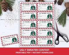 printable ugly sweater contest tags with scissors and pine cones on the table next to them