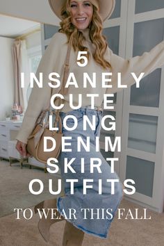 A long denim skirt can truley be worn year round! It's s great summer staple to pair with a tank top and sandals, but my personal favorite way to wear it is with a sweater and boots for fall! Here are 5 cute and easy long skirt fall outfits with a jean skirt. Denim Skirt And Sweater Outfit, Skirt Outfits For Fall, Skirt Boots Outfit