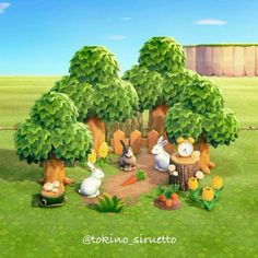 an animated scene of rabbits and trees in the middle of a grassy area with a fence