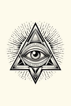 an all seeing eye with rays coming out of the triangle, in black and white