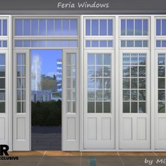 an image of two doors that are open in front of a building with the words feria windows on it