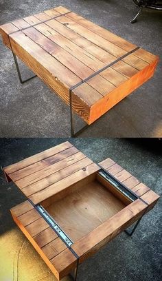 two different views of a coffee table made out of pallet wood and metal legs