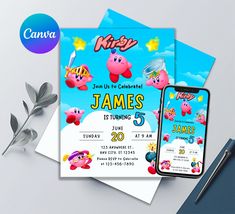 Beautiful Kirby birthday invitation to print! It includes a version for sending via mobile phone, WhatsApp, or other means. It's easy to edit using Canva. If you have any questions or don't know how to edit this invitation, please write to us privately. We'll be happy to assist you in editing it or with anything else you need.💖 💖Our charming designs are created with a lot of love and dedication, with the mission of making those special moments in the lives of little ones truly unforgettable. E Kirby Birthday Invitations, Kirby Birthday Party, Kirby Party, Kirby Birthday, Birthday Party Invite, 1st Birthday Invitations, Birthday Invitations Kids, Invitation Sizes, Party Invite