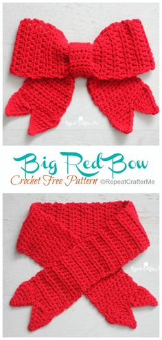 the crocheted bow is made from yarn and has been knitted in red