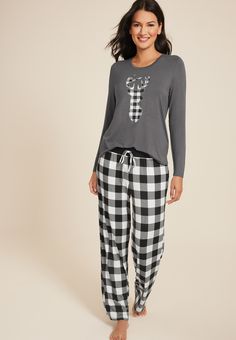 Buffalo Plaid Reindeer Graphic Tee And Wide Leg Pajama Set - Materials & Care:imported -  top: 97.4% polyester 2.6% spandex; bottom: 95.5% polyester 4.5% spandex - machine wash New Jeans Top, Maternity Pajamas, Skirt Crop, Curvy Jeans, List Style, Plus Dresses, Buffalo Plaid, Wide Leg Jeans, Boyfriend Jeans