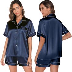 PRICES MAY VARY. ☂ CLASSIC STYLE & SILKY: GAESHOW silk pajamas for women blends a classic look with silk-like fabric. The lightweight stretch satin glides along the skin with a smooth caress, which provides a super soft, comfy and carefree feel. ☂ HIGHEST QUALITY: Womens pajama sets shorts could last for years but still soft like the first wearing. The machine-washable fabric won't thin out or wear down, pajama set is also fade-resistant, will maintain its original colors and texture. (Care Inst Blue Satin Pajamas, Bridal Sleepwear, Pajamas Short, Sleepwear Women Pajamas, Pyjama Satin, Classic Pajamas, Satin Set, Pajama Suit, Satin Pyjama Set