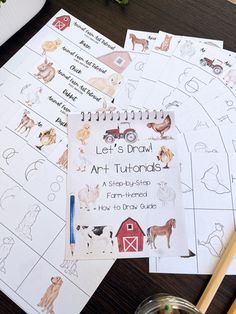 several children's worksheets with farm animals on them