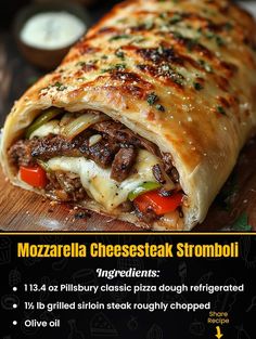 an advertisement for cheese steak stromboli on a cutting board with other food items in the background