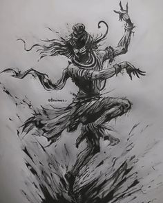 a black and white drawing of a demon with his arms spread out in the air