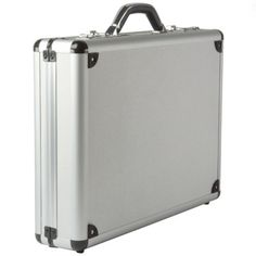 an aluminum briefcase is shown on a white background with clippings to the side