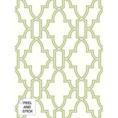 a green and white wallpaper with an intricate design on the front, along with text that reads peel and stick