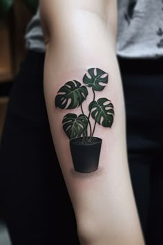 A striking monstera pot plant hand tattoo, showcasing intricate details, subtle shading, and a lovely pot in a vibrant design, radiating a sense of tranquility and growth. This enchanting design embodies the beauty of nature and indoor gardening, making it a fitting choice for those seeking a significant and artistic symbol of their personal growth and connection to nature on their hand. Hippie Makeup, Card Tattoo Designs, Gemini Tattoo, Card Tattoo