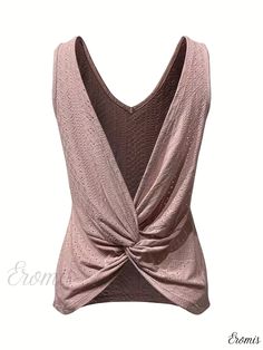 Eromis - Stunning Eyelet Twist Back Tank Top | Sophisticated V-Neck Summer Sleeveless Blouse | Exquisite Womens Apparel Elegant Stretch Tank Top For Vacation, Elegant Stretch Tops For Vacation, Elegant Stretch Tank Top For Beach, Elegant Pink Beach Top, Twist Pattern, Womens Apparel, Fabric Medium, Chest Pad, Sleeveless Blouse