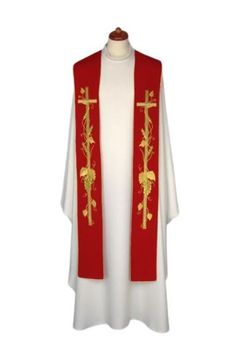 Embroidered stole - liturgical colors, rich embroidery Embroidered stole. Beautiful embroidery of the Cross and floral ornaments. Available in various liturgical colors. It is manufactured from high-quality, smooth fabric, resistant to dirt and creases. It is suitable for standard washing and ironing, which accounts for its practicality during frequent use. The stole is ideal for use during sermons, services, and processions. An excellent choice as a gift for a priest on the occasion of an ordin Red Embroidered Chasuble For Church, Gold Embroidered Chasuble For Traditional Ceremonies, Liturgical Colours, Clergy Stoles, Floral Ornaments, Beautiful Embroidery, The Cross, Poland, Embroidery