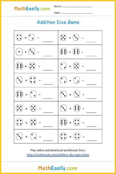 the addition dice game worksheet for kids to practice counting and subming numbers