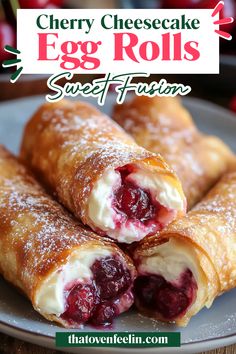 cherry cheesecake egg rolls on a plate