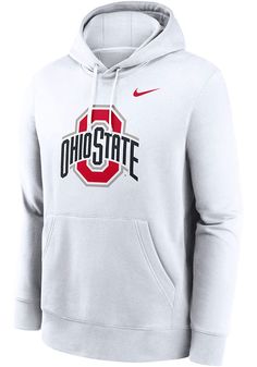 Put your Buckeyes spirit on display in this Ohio State Buckeyes Long Sleeve Hoodie! You'll be cozy on game day in this The Ohio State University Mens White Club Fleece Signature Hooded Sweatshirt. This Buckeyes Long Sleeve Hoodie features a sreenprint team graphic on front chest. Wear your Ohio State Buckeyes spirit with pride in this great Mens Hooded Sweatshirt! Made of 80% cotton / 20% polyester, Team logo on center chest, Drawstring hood, Kangaroo pouch, Nike logo above team logo, Machine wa Ohio State Hoodie, Logo Club, Nike Fleece, Food List, Hooded Sweatshirt Men, Ohio State Buckeyes, Mens Hooded, Nike White, Hooded Pullover