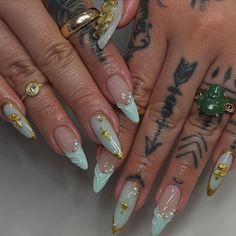 #nailart #aesthetic #acrylic #nailsofinstagram Carrie Bradshaw Nails, Nails Done Aesthetic, Teal Almond Nails, Feminist Nails, Elegant Aesthetic Classy, Teal And Gold Nails, Virgo Nails Acrylic, Virgo Nails Designs, Festival Nail Ideas