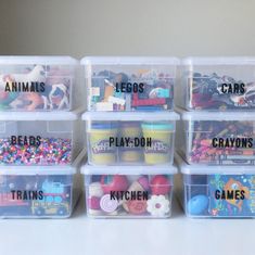 plastic storage containers filled with toys and legos