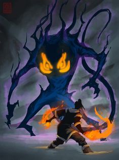 a cartoon character with an evil face holding a fire ball in front of a demon