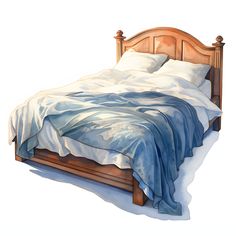 a painting of a bed with white sheets and blue comforter on it's headboard