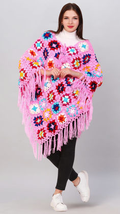 Multi Colored Granny Square Women Crochet Ponchos Crochet Shawl Patterns Free, Granny Square Poncho, Shawl For Women, Boho Poncho, Crochet Poncho Free Pattern, Intricate Crochet, Crochet Shawl Pattern Free, Poncho Shawl, Crochet Work