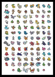 an image of pixel art with different types of pokemons and their names on it