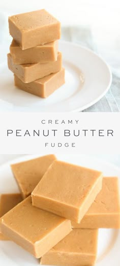 several pieces of peanut butter fudge on a white plate with the words quick and easy