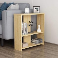 a living room with a couch and a book shelf next to a table filled with books