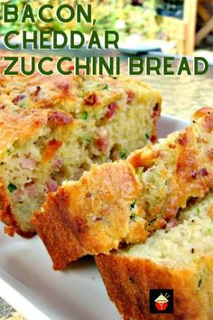 bacon, cheddar and zucchini bread on a white plate with text overlay