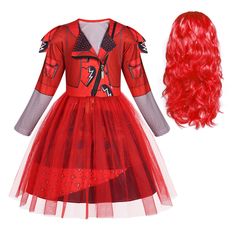 a red wig and dress for a girl with long hair on the head, in front of a white background