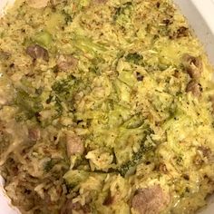 broccoli and meat casserole in a white dish