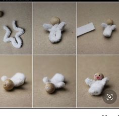 four different pictures of stuffed animals made out of wool and cotton balls, including one with a wooden ball