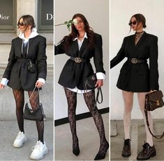 Autumn Fancy Outfits, Statement Outfit Classy, Long Black Leather Dress, Vegas Business Trip Outfit, Old Money Fall Fashion, Black And White Outfits Classy Chic, Blazer Dress Street Style, Dark Feminine Outfits For School, Aperitivo Outfit