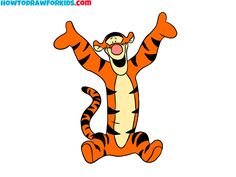 a cartoon tiger sitting on the ground with its arms in the air