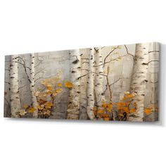 an abstract painting of birch trees with yellow leaves