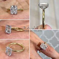 four different views of an engagement ring with diamonds on each side and the other side