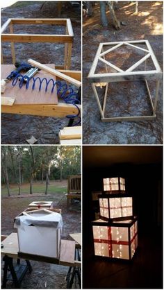 four different pictures showing the process of making a light box out of plywood and wood