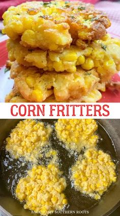 corn fritters are stacked on top of each other in the same pan and then fried