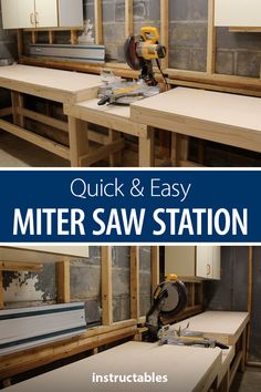 two pictures with the words quick and easy miter saw station in front of them