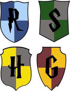 four different colored shields with the letter g on them